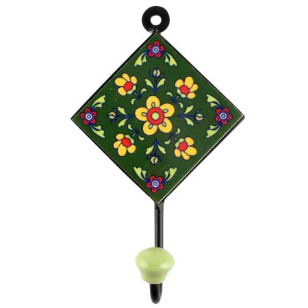 Forest Green Ceramic Floral Tile Hook